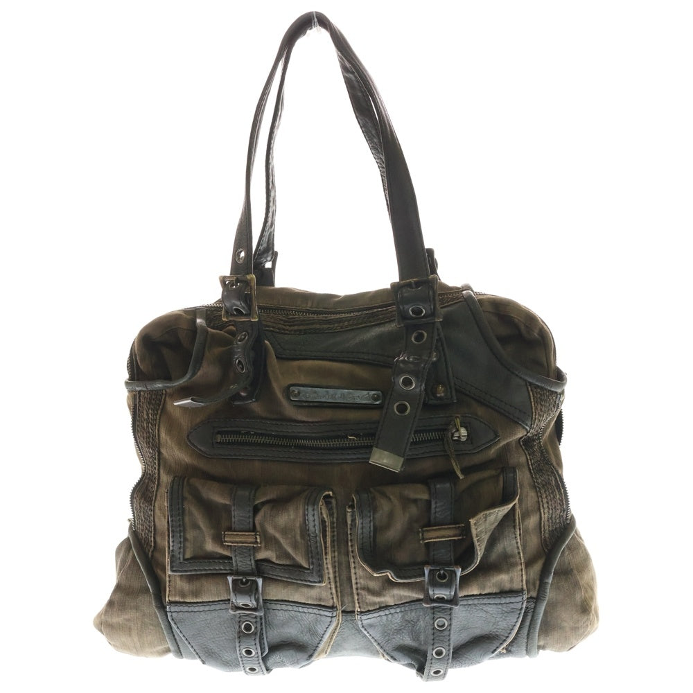 14th Addiction(フォーティースアディクション) ロゴプレート レザーバックル マルチポケット ハンドバッグ ブラウン