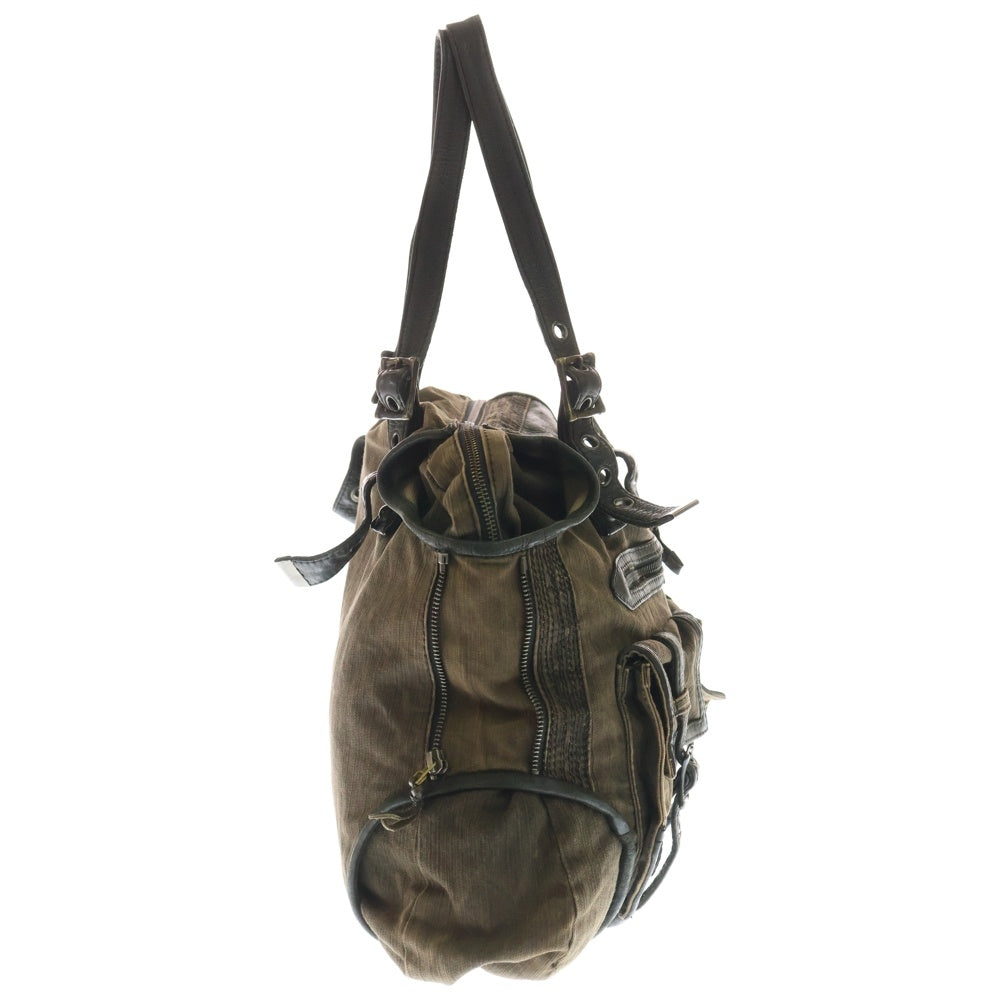 14th Addiction(フォーティースアディクション) ロゴプレート レザーバックル マルチポケット ハンドバッグ ブラウン