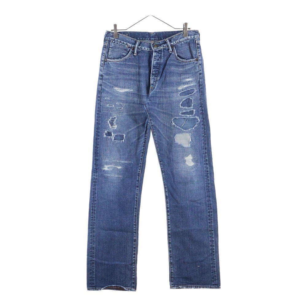 NO BRAND(ノーブランド) R by 45RPM (アールバイフォーティーアールピーエム) ダメージ加工 ボタンフライ ストレートデニムパンツ ジーンズ レディース インディゴ