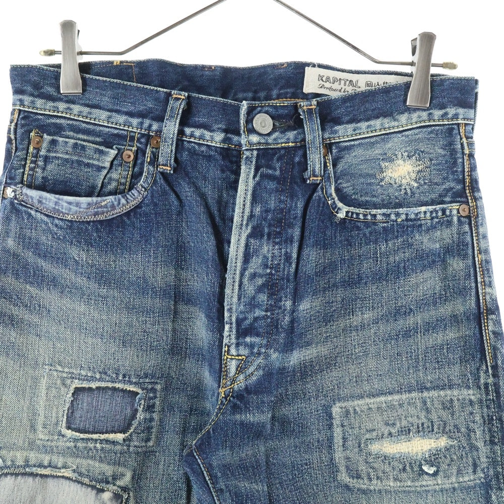 KAPITAL(キャピタル) ダメージ加工 ボタンフライ ストレートデニムパンツ ジーンズ レディース インディゴ
