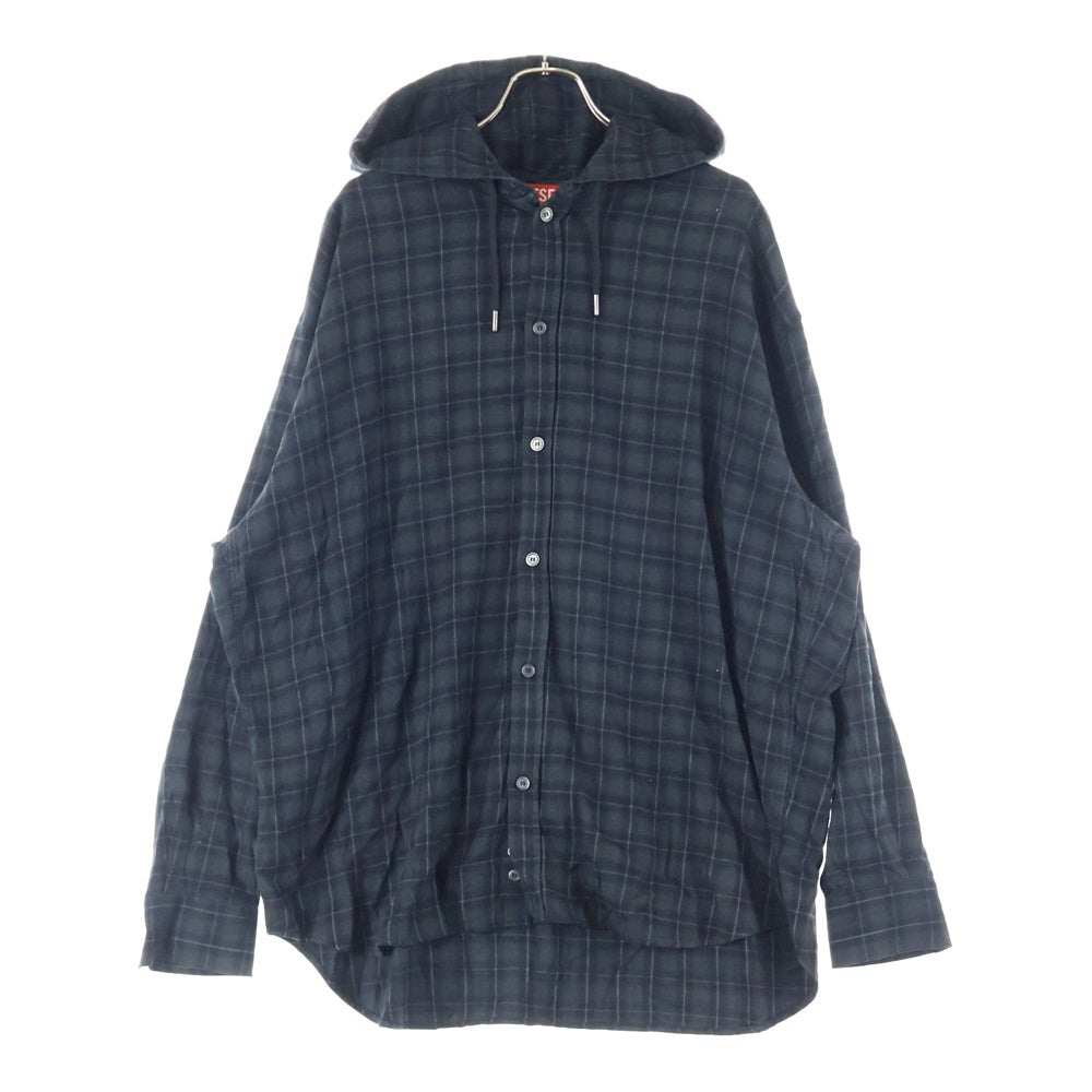 DIESEL(ディーゼル) 格子柄デザイン ドローストリング フーデッド チェック長袖シャツ グリーン/ブラック A16214