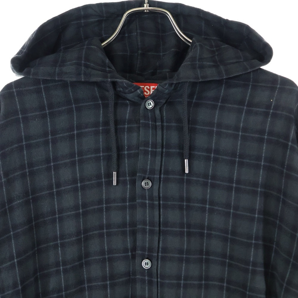 DIESEL(ディーゼル) 格子柄デザイン ドローストリング フーデッド チェック長袖シャツ グリーン/ブラック A16214