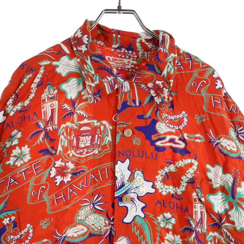 SUN SURF(サンサーフ) RAYON HAWAIIAN SHIRT STATE OF HAWAII フィラメントレーヨン 抜染プリント ループホール付き 半袖ハワイシャツ レッド SS38792