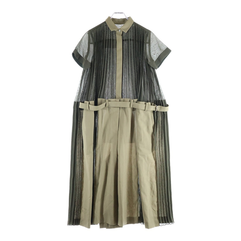 Sacai(サカイ) 22AW Suiting Mix Dress プリーツ加工 ドッキング 半袖 ロングワンピース ドレス カーキ レディース 22-06038