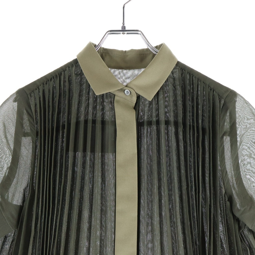 Sacai(サカイ) 22AW Suiting Mix Dress プリーツ加工 ドッキング 半袖 ロングワンピース ドレス カーキ レディース 22-06038