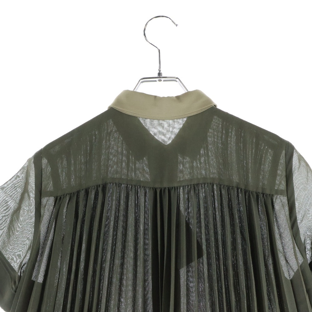 Sacai(サカイ) 22AW Suiting Mix Dress プリーツ加工 ドッキング 半袖 ロングワンピース ドレス カーキ レディース 22-06038