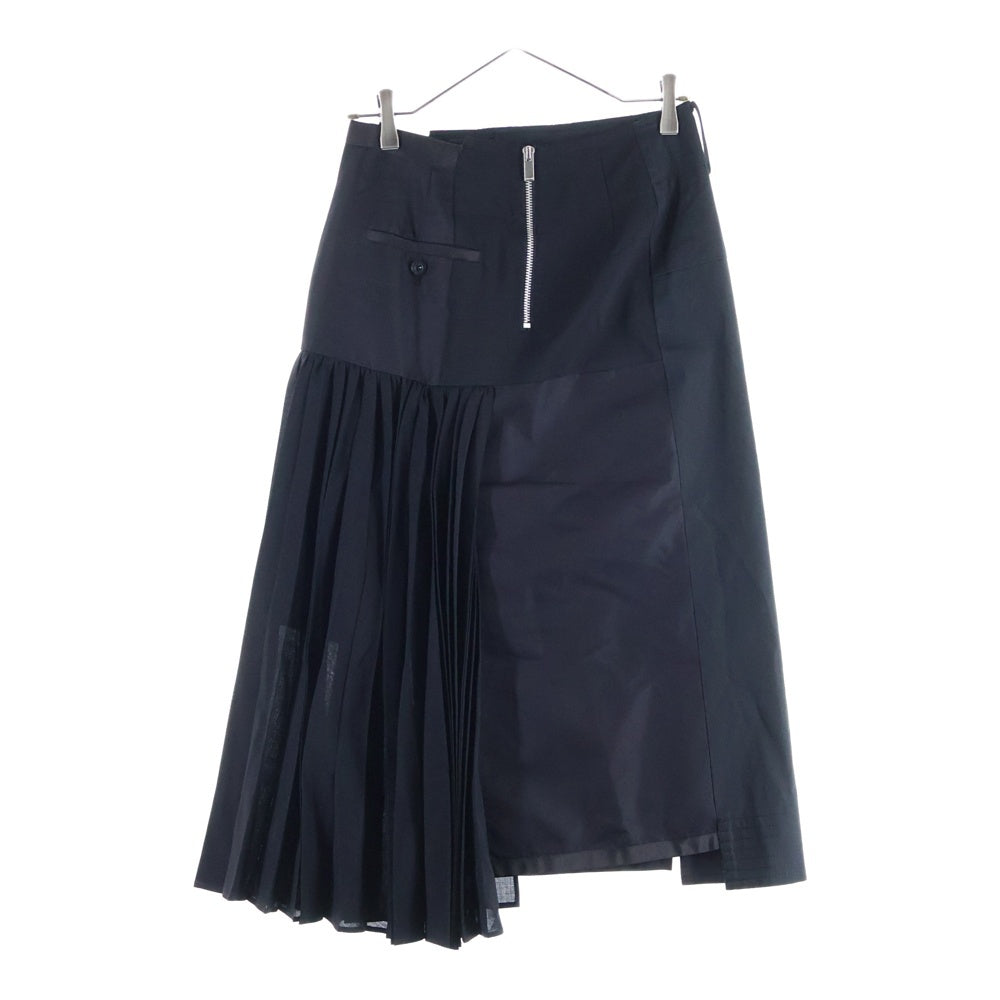 Sacai(サカイ) 21SS Suiting Skirt プリーツ加工 スーチング ドッキング アシンメトリー ロングスカート ブラック レディース 21-05388