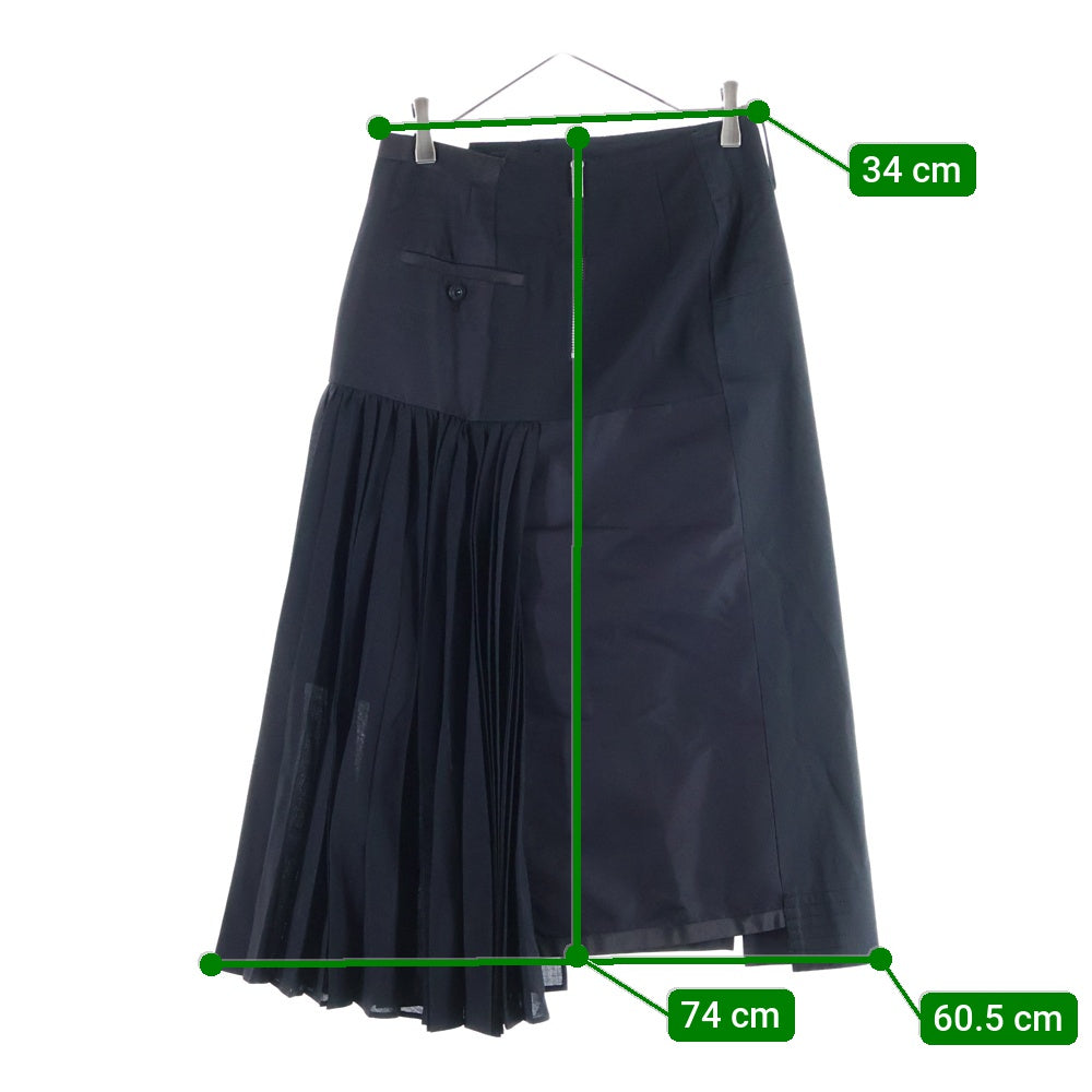 Sacai(サカイ) 21SS Suiting Skirt プリーツ加工 スーチング ドッキング アシンメトリー ロングスカート ブラック レディース 21-05388