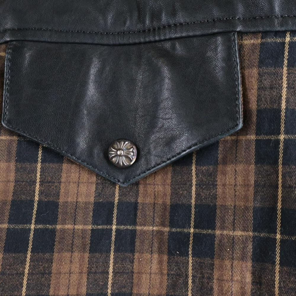 CHROME HEARTS(クロムハーツ) ショルダー アームレザーパッチ ウエスタン チェック長袖シャツ ブラウン