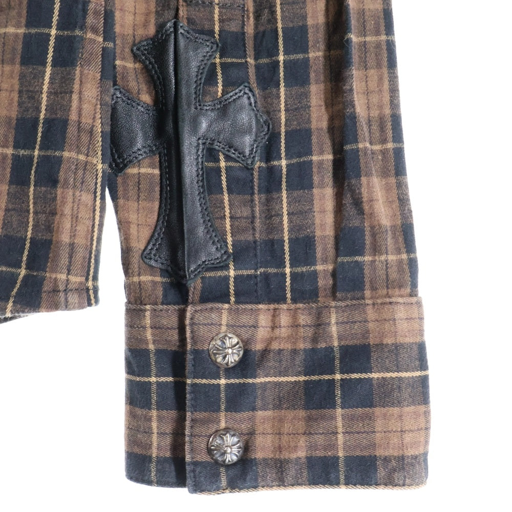 CHROME HEARTS(クロムハーツ) ショルダー アームレザーパッチ ウエスタン チェック長袖シャツ ブラウン