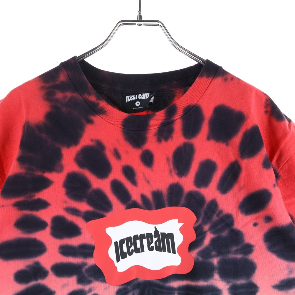 ICE CREAM(アイスクリーム) タイダイ柄 フロントロゴデザイン クルーネック カットソー 半袖Tシャツ レッド/ブラック 401-2316