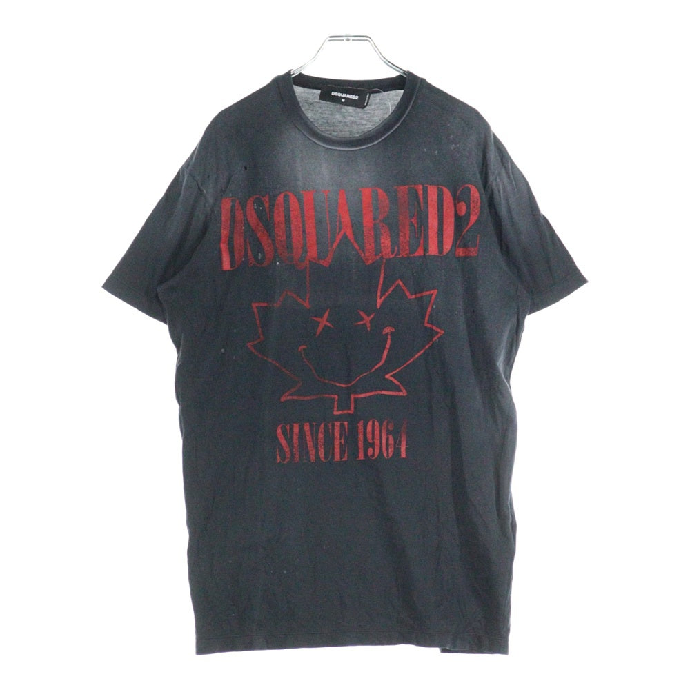 DSQUARED2(ディースクエアード) ダメージ加工 フロントロゴデザイン クルーネック カットソー 半袖Tシャツ ブラック S71GD0830
