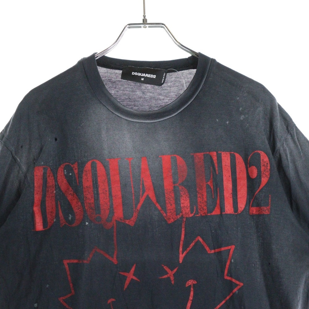 DSQUARED2(ディースクエアード) ダメージ加工 フロントロゴデザイン クルーネック カットソー 半袖Tシャツ ブラック S71GD0830