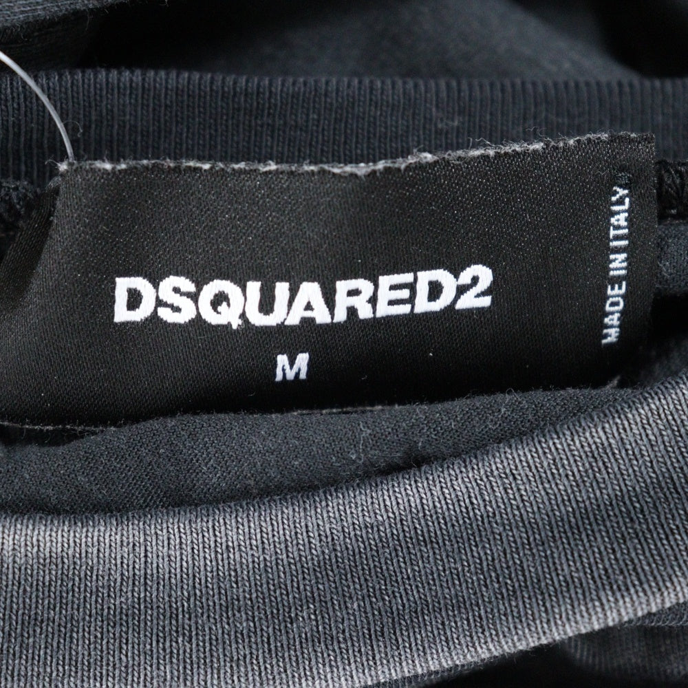 DSQUARED2(ディースクエアード) ダメージ加工 フロントロゴデザイン クルーネック カットソー 半袖Tシャツ ブラック S71GD0830