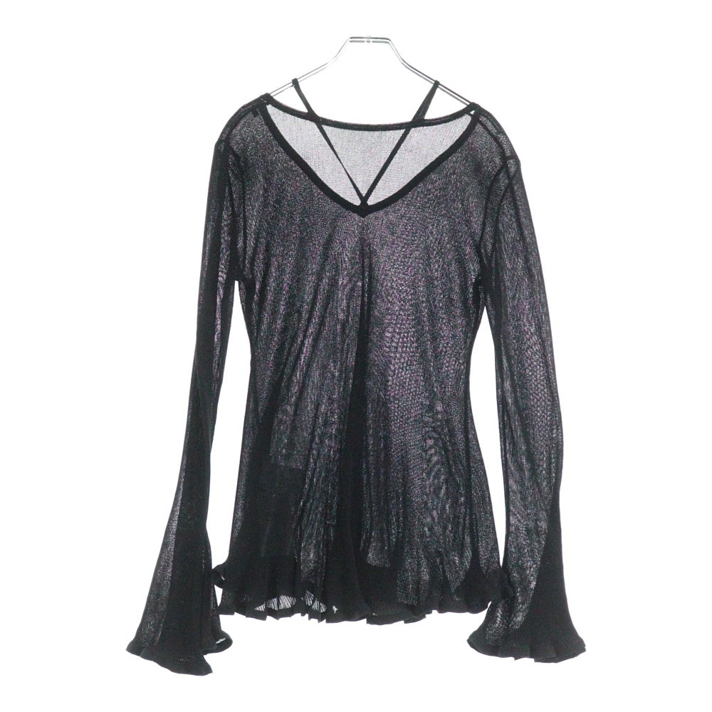 AMERI(アメリ) SHEER FRILL V NECK KNIT TOP シアー フリル Vネック ニット トップ ロングスリーブカットソー レディース ブラック 0125201960130