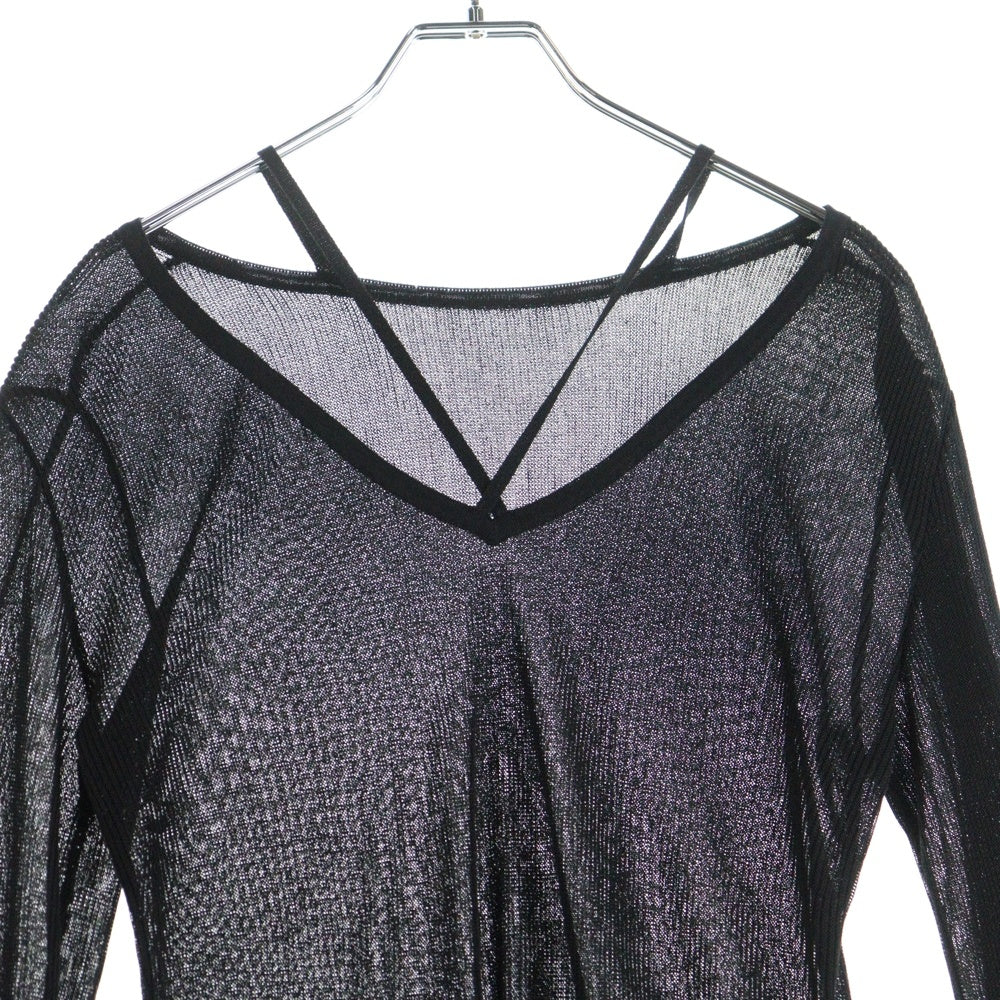 AMERI(アメリ) SHEER FRILL V NECK KNIT TOP シアー フリル Vネック ニット トップ ロングスリーブカットソー レディース ブラック 0125201960130