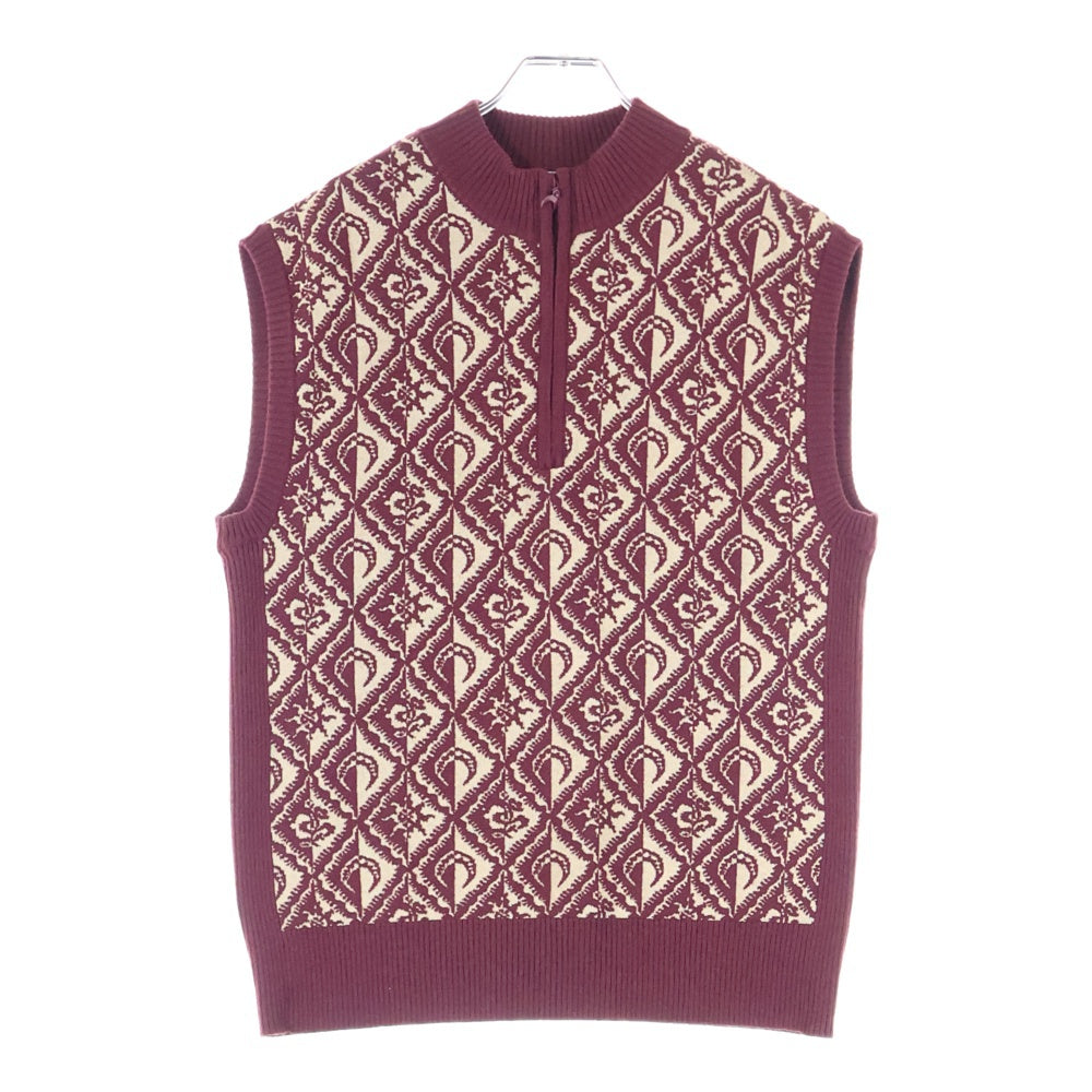 MARINE SERRE(マリーン セル) ムーン総柄 ハーフジップ ノースリーブ ニットベスト バーガンディ/ベージュ