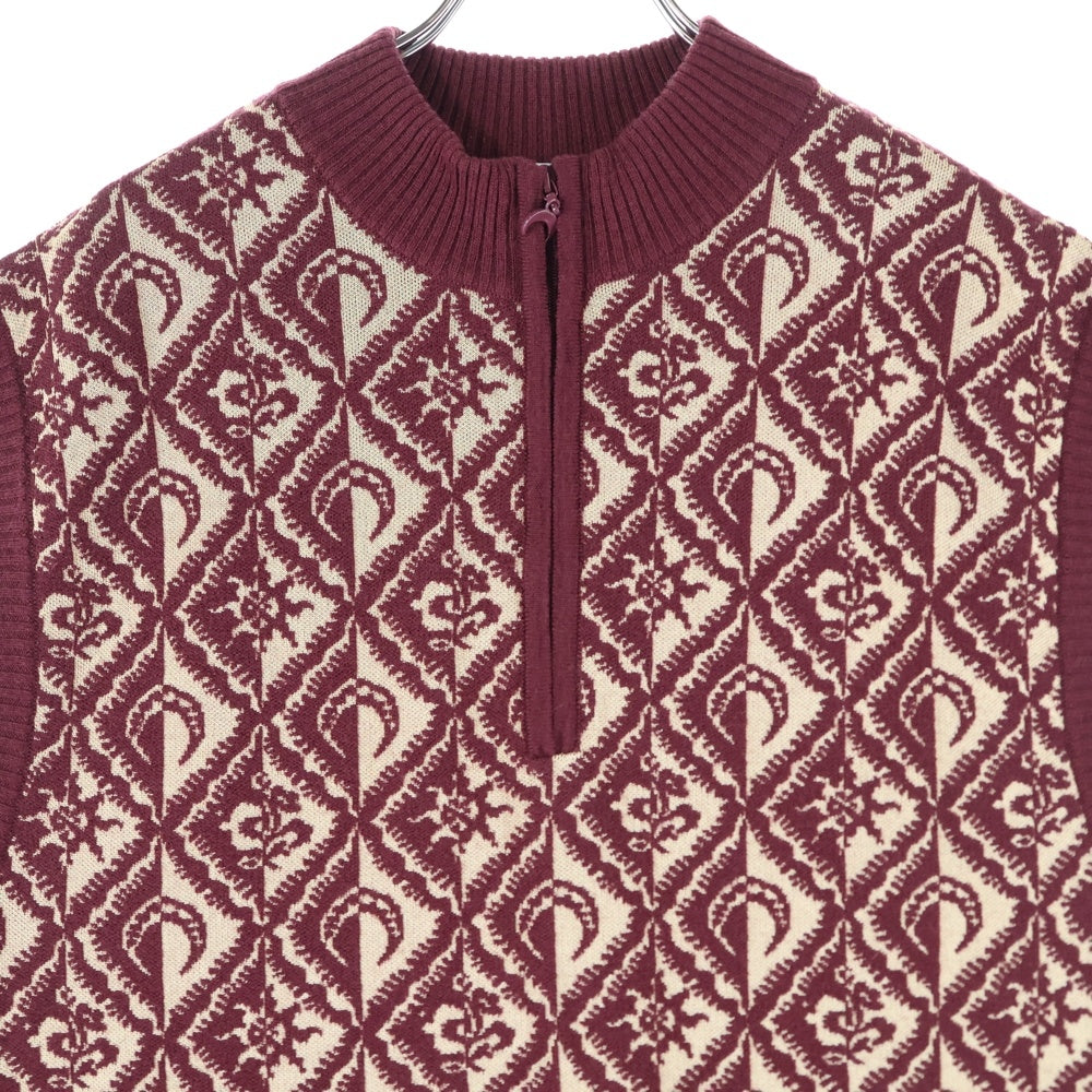 MARINE SERRE(マリーン セル) ムーン総柄 ハーフジップ ノースリーブ ニットベスト バーガンディ/ベージュ