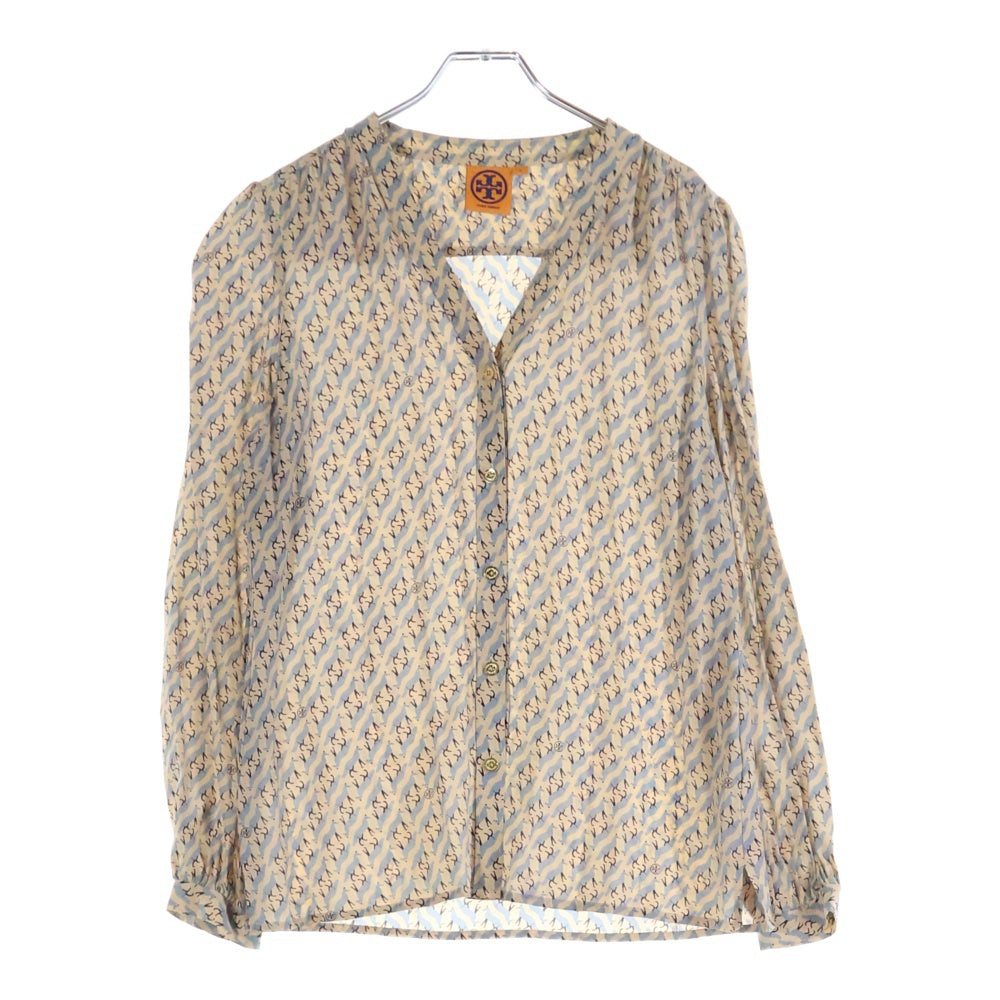 TORY BURCH(トリー バーチ) 総柄 ロングスリーブ ノーカラーシルクシャツ レディース ベージュ/ブルー 31121114