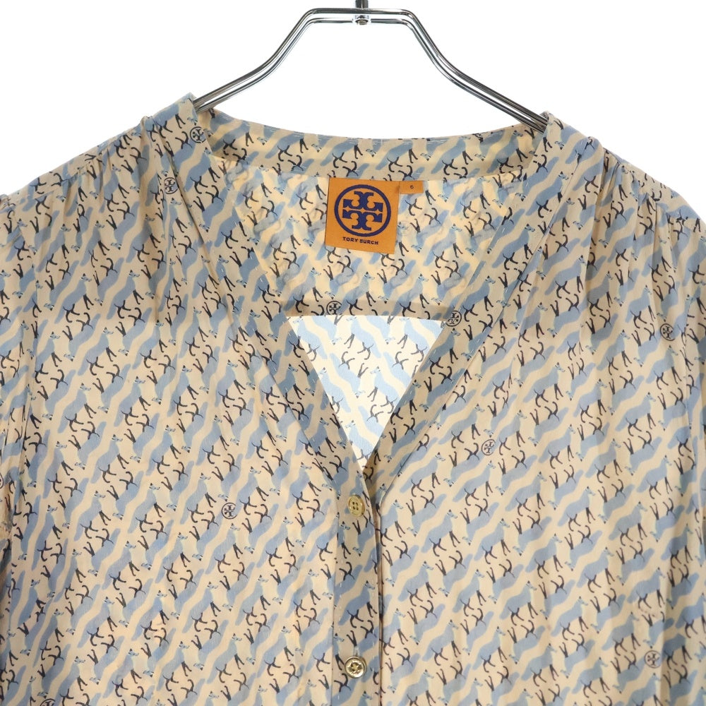 TORY BURCH(トリー バーチ) 総柄 ロングスリーブ ノーカラーシルクシャツ レディース ベージュ/ブルー 31121114