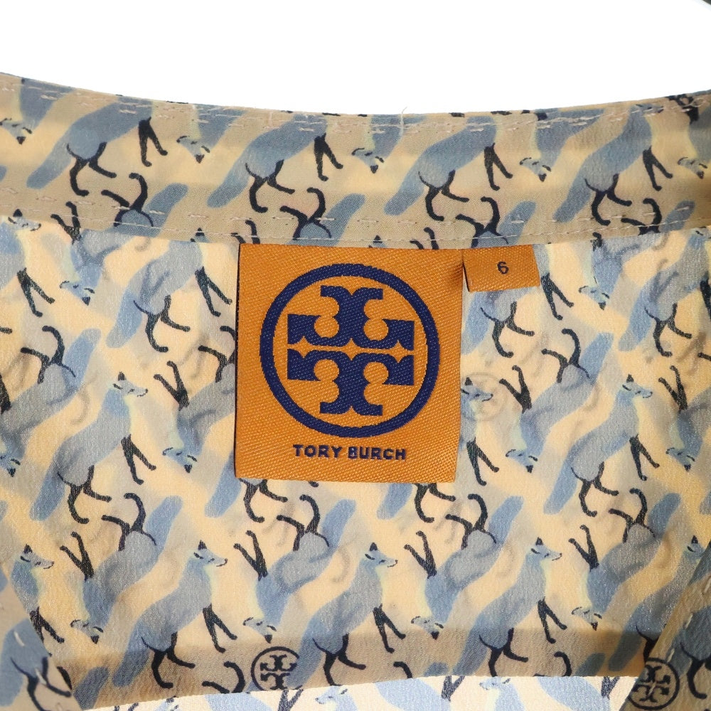 TORY BURCH(トリー バーチ) 総柄 ロングスリーブ ノーカラーシルクシャツ レディース ベージュ/ブルー 31121114
