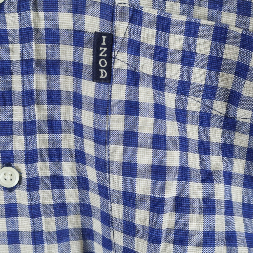 IZOD(アイゾッド) チェック柄 リネンコットン 半袖シャツ ブルー