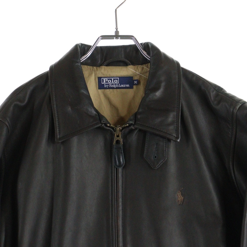POLO RALPH LAUREN(ポロラルフローレン) 胸ロゴ刺繍 ラムレザージャケット スイングトップ ジップアップブルゾン ダークブラウン JR-RL-CW-0901