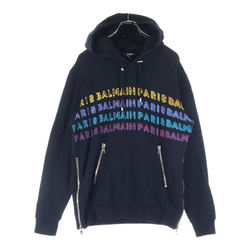 BALMAIN(バルマン) レインボーロゴプリント ジップスリット ジップポケット フーデット スウェットパーカー ブラック 3250I286
