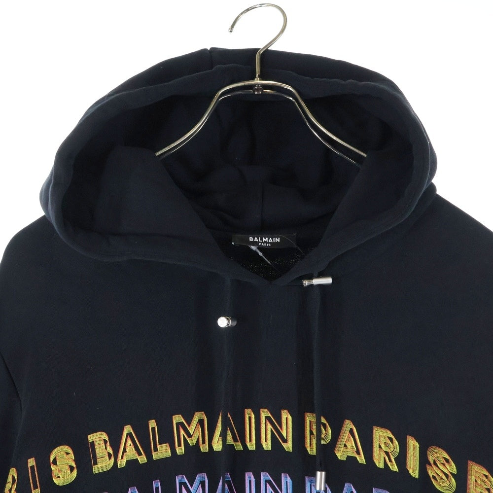 BALMAIN(バルマン) レインボーロゴプリント ジップスリット ジップポケット フーデット スウェットパーカー ブラック 3250I286