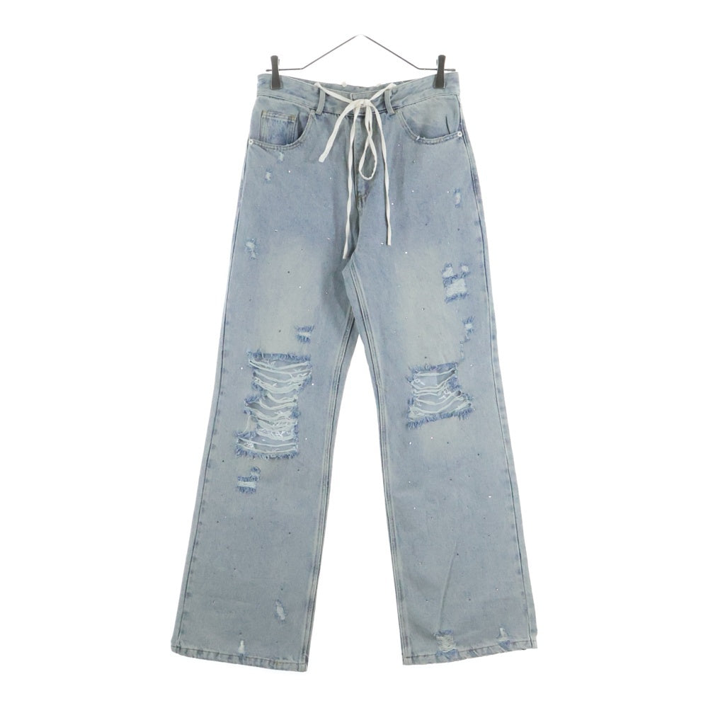 M me eme(エムミーエメ) SIDE RIBBON STRAIGHT DENIM ダメージ加工 サイドリボン ストレートデニムパンツ インディゴ レディース 10390