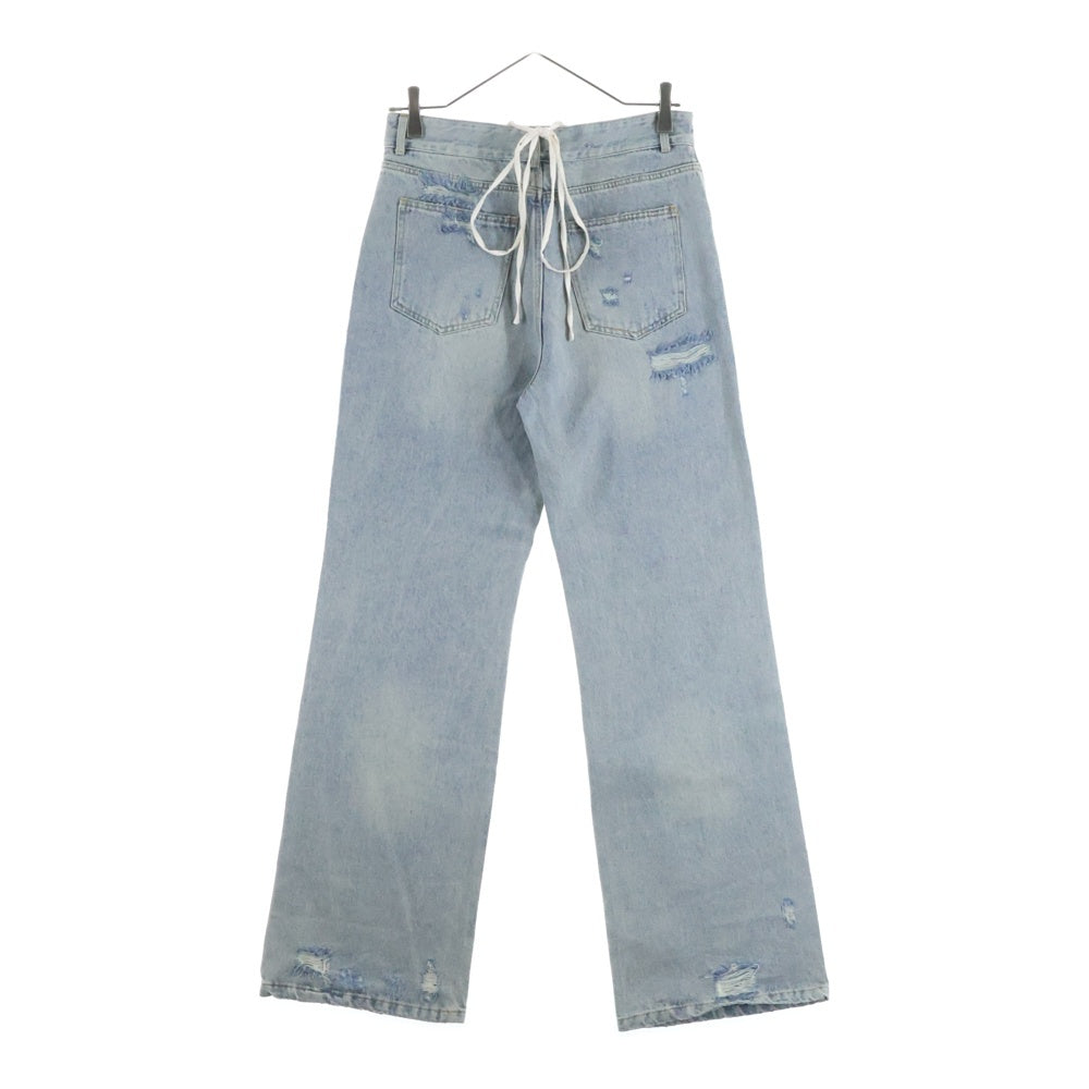 M me eme(エムミーエメ) SIDE RIBBON STRAIGHT DENIM ダメージ加工 サイドリボン ストレートデニムパンツ インディゴ レディース 10390