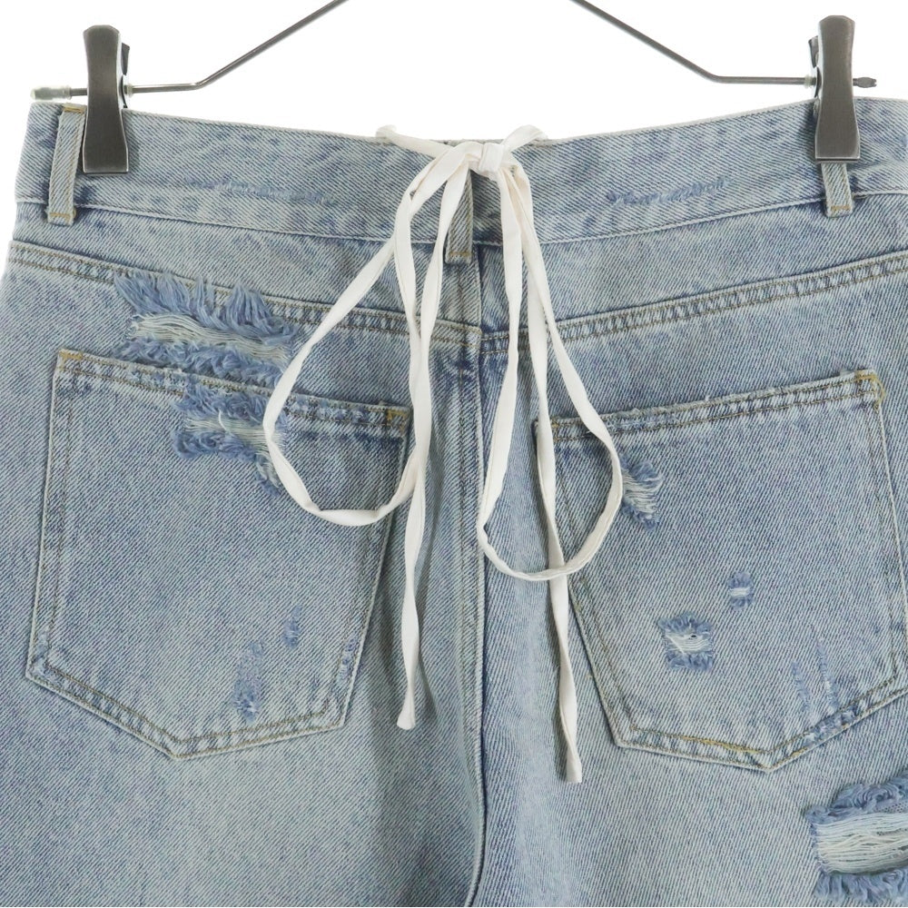 M me eme(エムミーエメ) SIDE RIBBON STRAIGHT DENIM ダメージ加工 サイドリボン ストレートデニムパンツ インディゴ レディース 10390