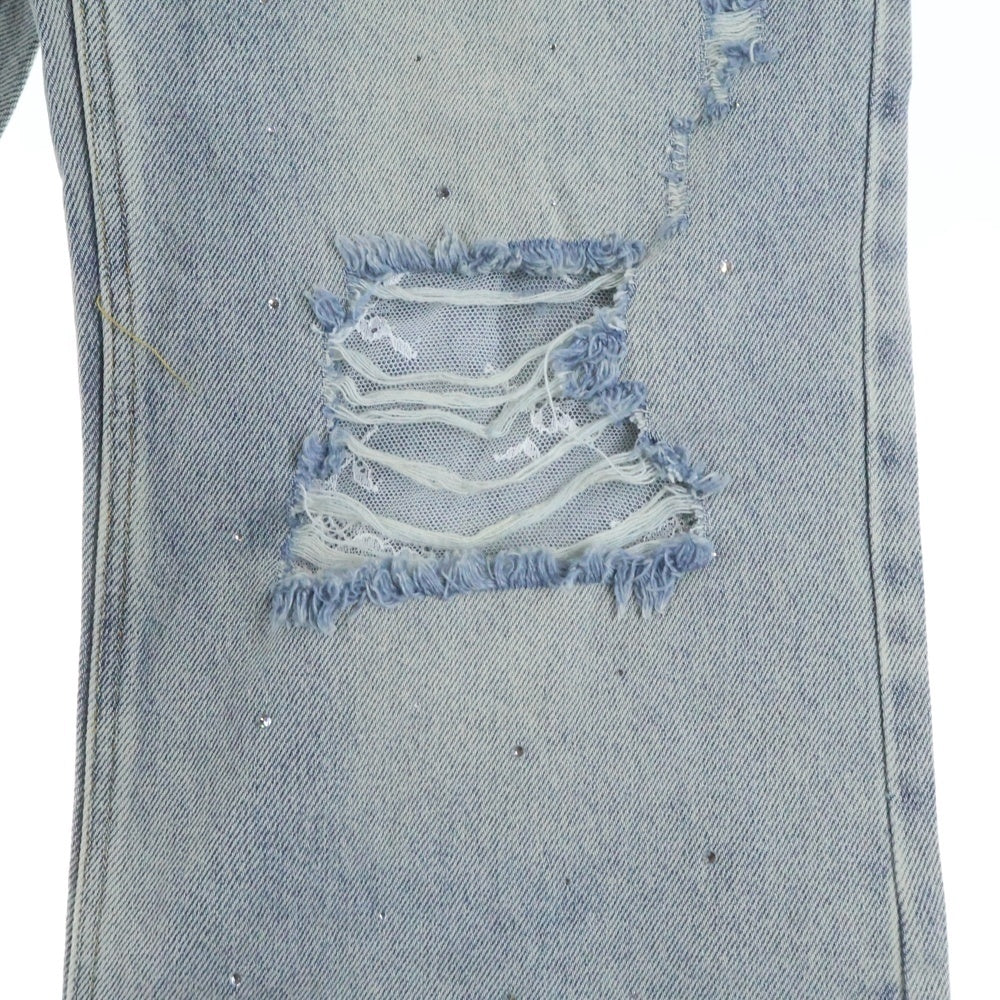 M me eme(エムミーエメ) SIDE RIBBON STRAIGHT DENIM ダメージ加工 サイドリボン ストレートデニムパンツ インディゴ レディース 10390