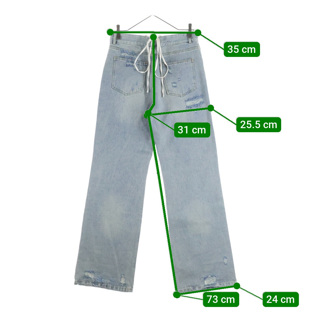M me eme(エムミーエメ) SIDE RIBBON STRAIGHT DENIM ダメージ加工 サイドリボン ストレートデニムパンツ インディゴ レディース 10390