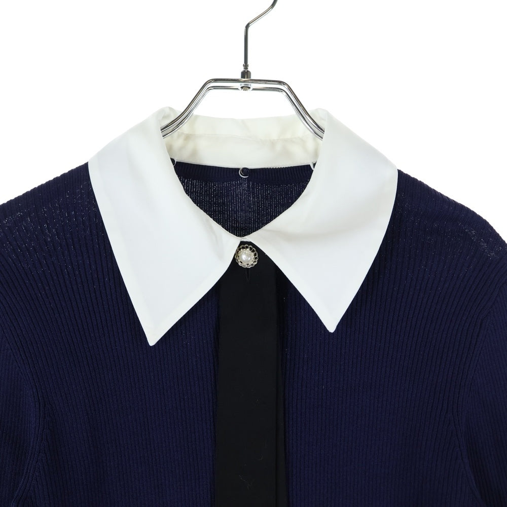 NO BRAND(ノーブランド) NATURAL BEAUTY BASIC ナチュラルビューティーベーシック 24SS リボンタイ付き リブニット セーター ネイビー レディース 017-4170347