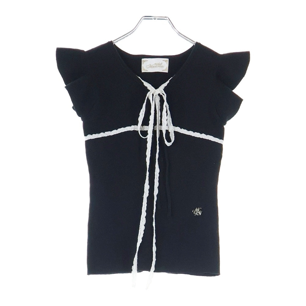 NO BRAND(ノーブランド) michellMacaron ミシェルマカロン レースリボンデザイン 半袖ニット セーター ブラック レディース SFY0467C