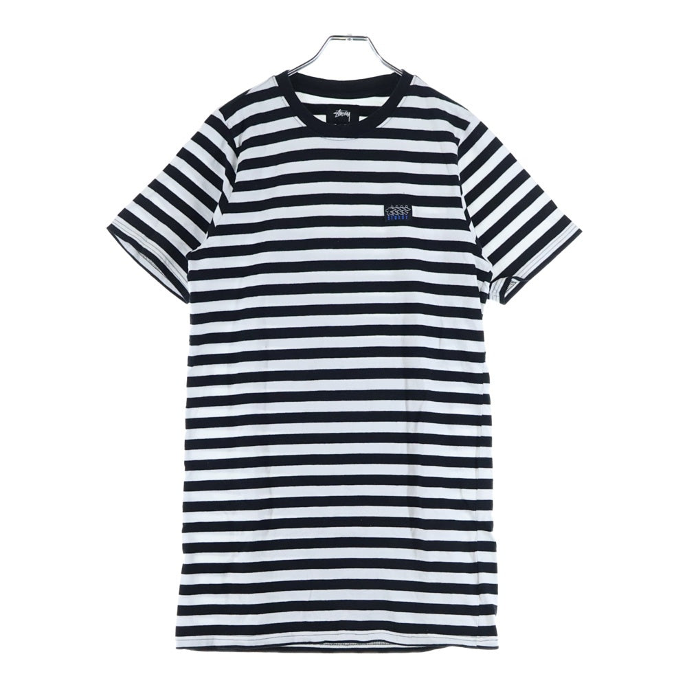 STUSSY(ステューシー) サーフマンロゴデザイン クルーネック カットソー 半袖ボーダーTシャツ ブラック/ホワイト