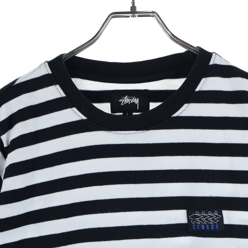 STUSSY(ステューシー) サーフマンロゴデザイン クルーネック カットソー 半袖ボーダーTシャツ ブラック/ホワイト