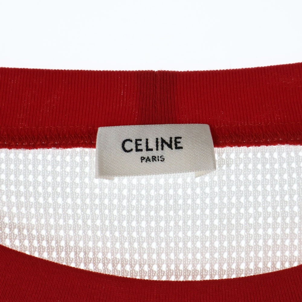 CELINE(セリーヌ) 16 EMBROIDERED T-SHIRT IN JERSEY MESH ナンバリング スパンコール メッシュ半袖Tシャツ カットソー ホワイト/レッド 2X18D818I