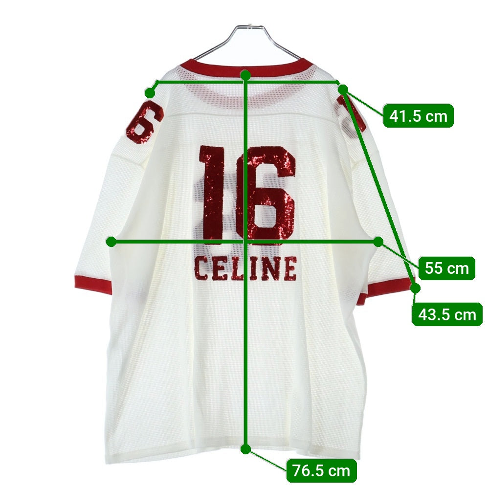 CELINE(セリーヌ) 16 EMBROIDERED T-SHIRT IN JERSEY MESH ナンバリング スパンコール メッシュ半袖Tシャツ カットソー ホワイト/レッド 2X18D818I