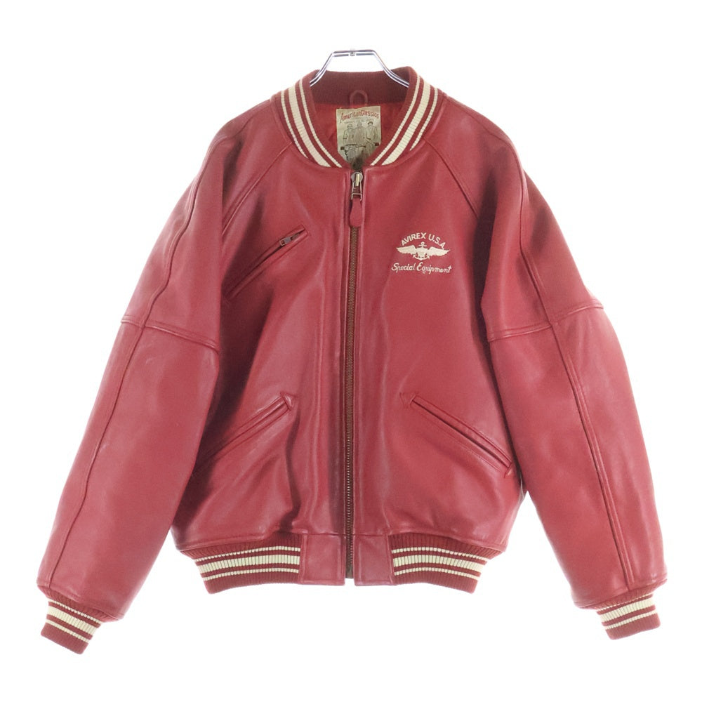 AVIREX(アヴィレックス) バックロゴワッペン フロント刺繍 ラムレザー バーシティジャケット スタジャン レッド
