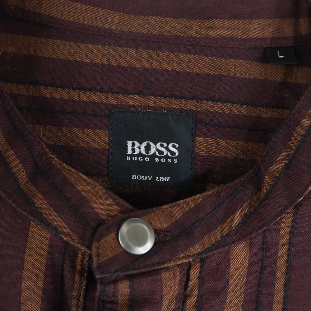 HUGO BOSS(ヒューゴボス) ストライプ柄 長袖ノーカラーシャツ ブラウン/オレンジ