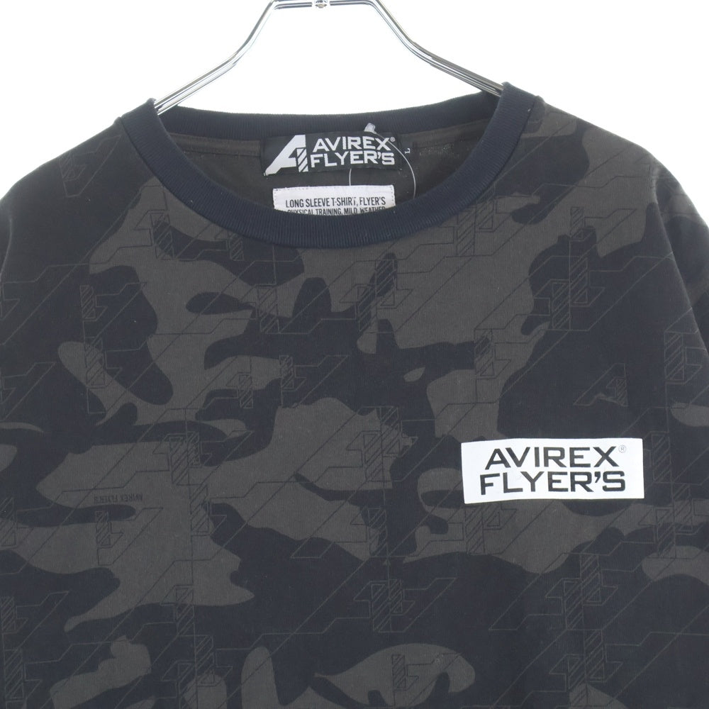 AVIREX(アヴィレックス) 胸プリントロゴデザイン 総柄 クルーネック カットソー 長袖Tシャツ ブラック 6113436