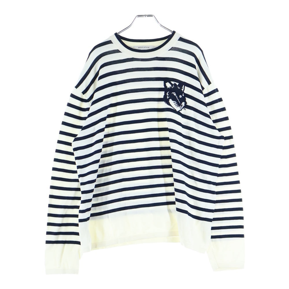 MAISON KITSUNE(メゾンキツネ) ボーダー柄 フロント刺繍 クルーネックニットセーター ホワイト/ネイビー MM00803KT1102