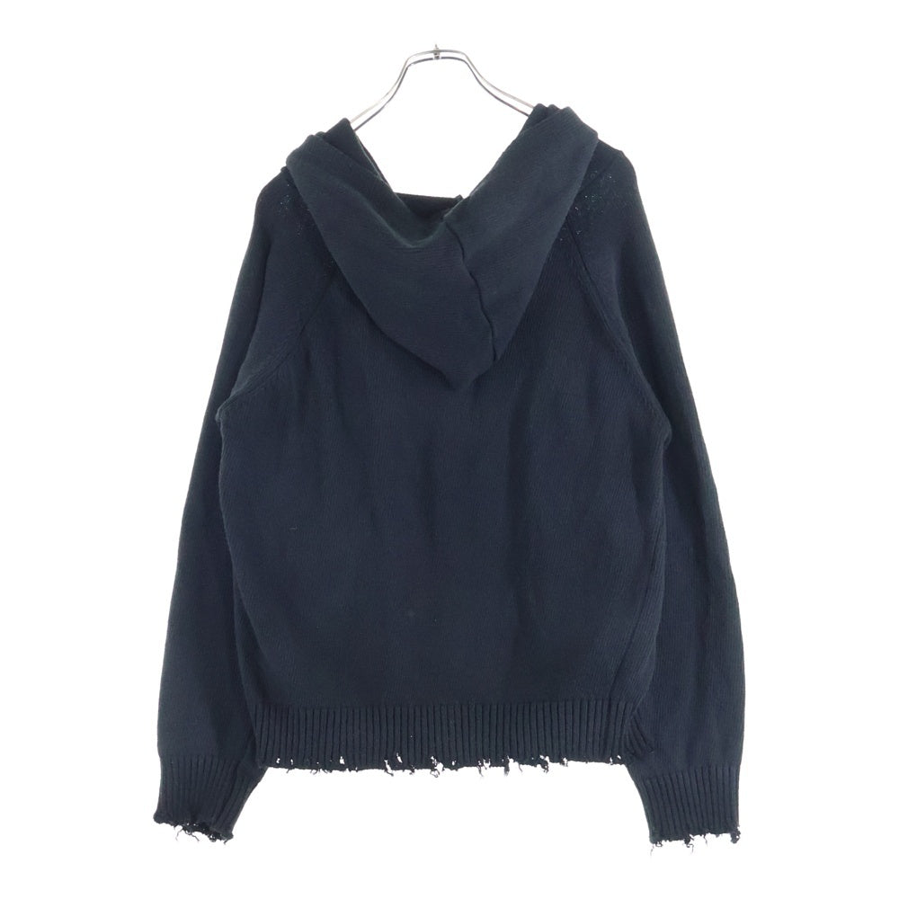 NO BRAND(ノーブランド) SKOOL スクール SKOOT RECLUSE KNIT HOODIE スクート リクルース ダメージ加工 胸パッチデザイン フーデッド ジップアップ ニット カーディガン ブラック