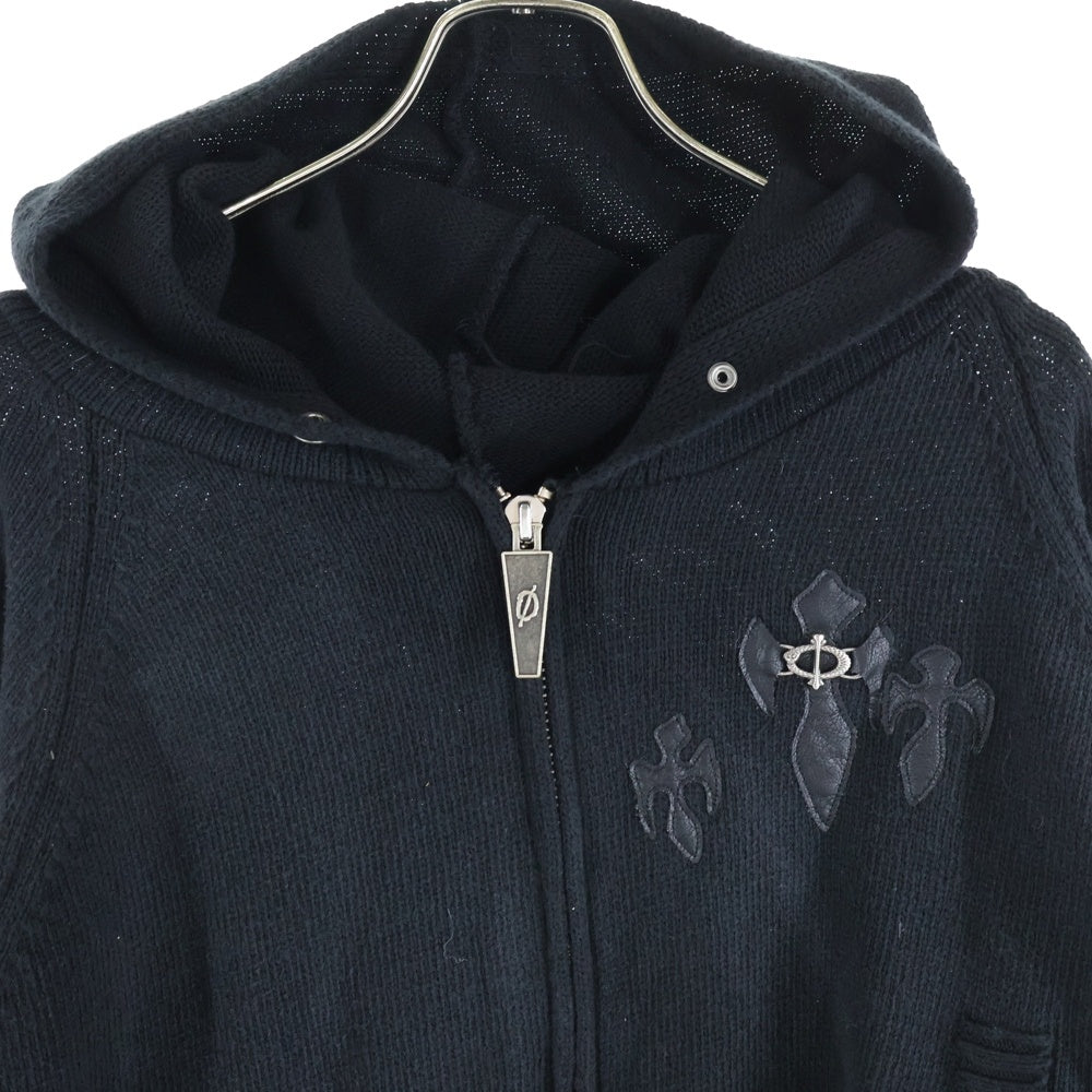 NO BRAND(ノーブランド) SKOOL スクール SKOOT RECLUSE KNIT HOODIE スクート リクルース ダメージ加工 胸パッチデザイン フーデッド ジップアップ ニット カーディガン ブラック