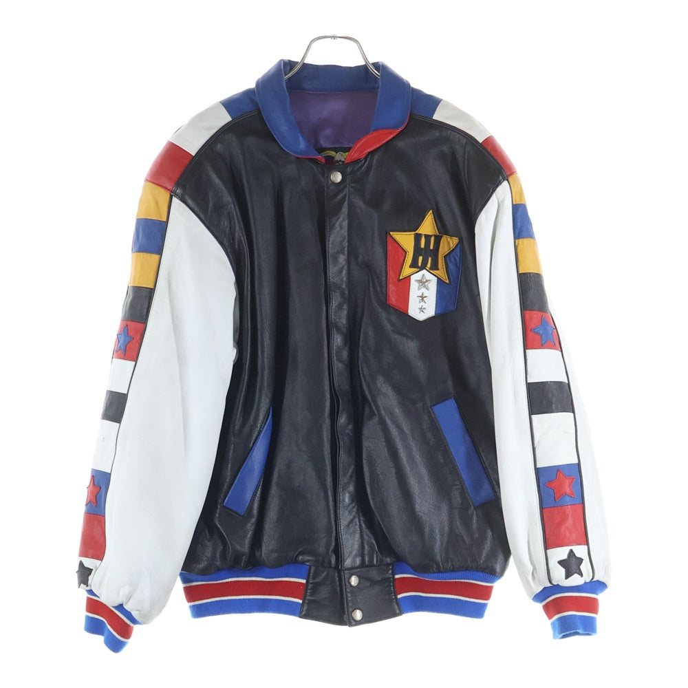 JEFFHAMILTON(ジェフハミルトン) 90S VINTAGE LEATHER STADIUM JACKET 胸ロゴ スタジャン レザージャケット ブルゾン ブラック/レッド/ブルー