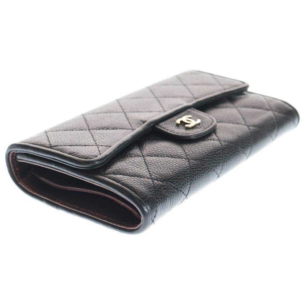 CHANEL(シャネル) マトラッセ キルティング 三つ折り財布 長財布 ロングウォレットキャビアスキン 18番代 ブラック/ゴールド レディース