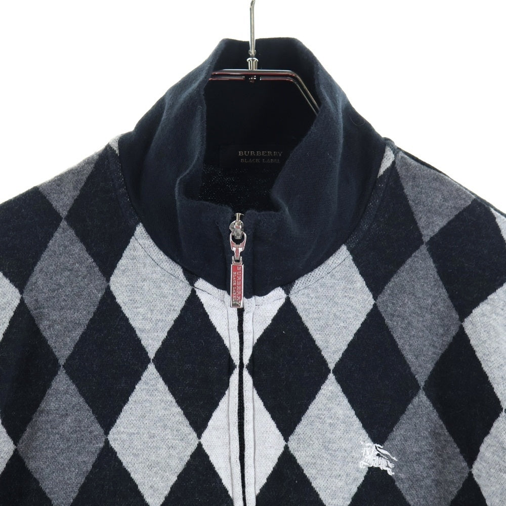 BURBERRY BLACK LABEL(バーバリー ブラックレーベル) アーガイル柄 ジップアップ ニットジャケット ブラック/グレー BMV86-112-09