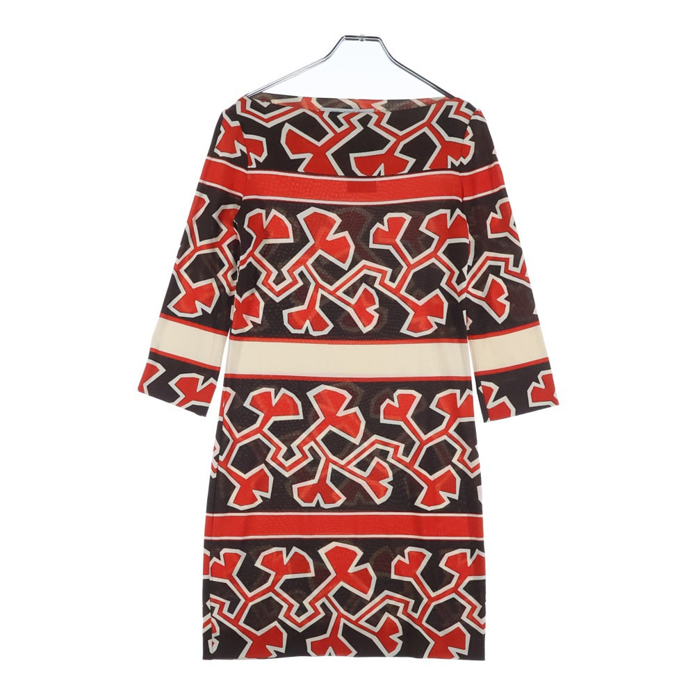 DIANE VON FURSTENBERG(ダイアン フォン ファステンバーグ) 総柄プリント シルクストレッチ 七分袖ワンピース レッド/ブラウン レディース